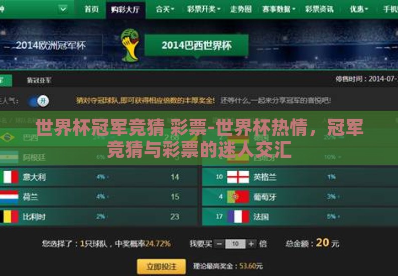 世界杯冠军竞猜 彩票-世界杯热情，冠军竞猜与彩票的迷人交汇